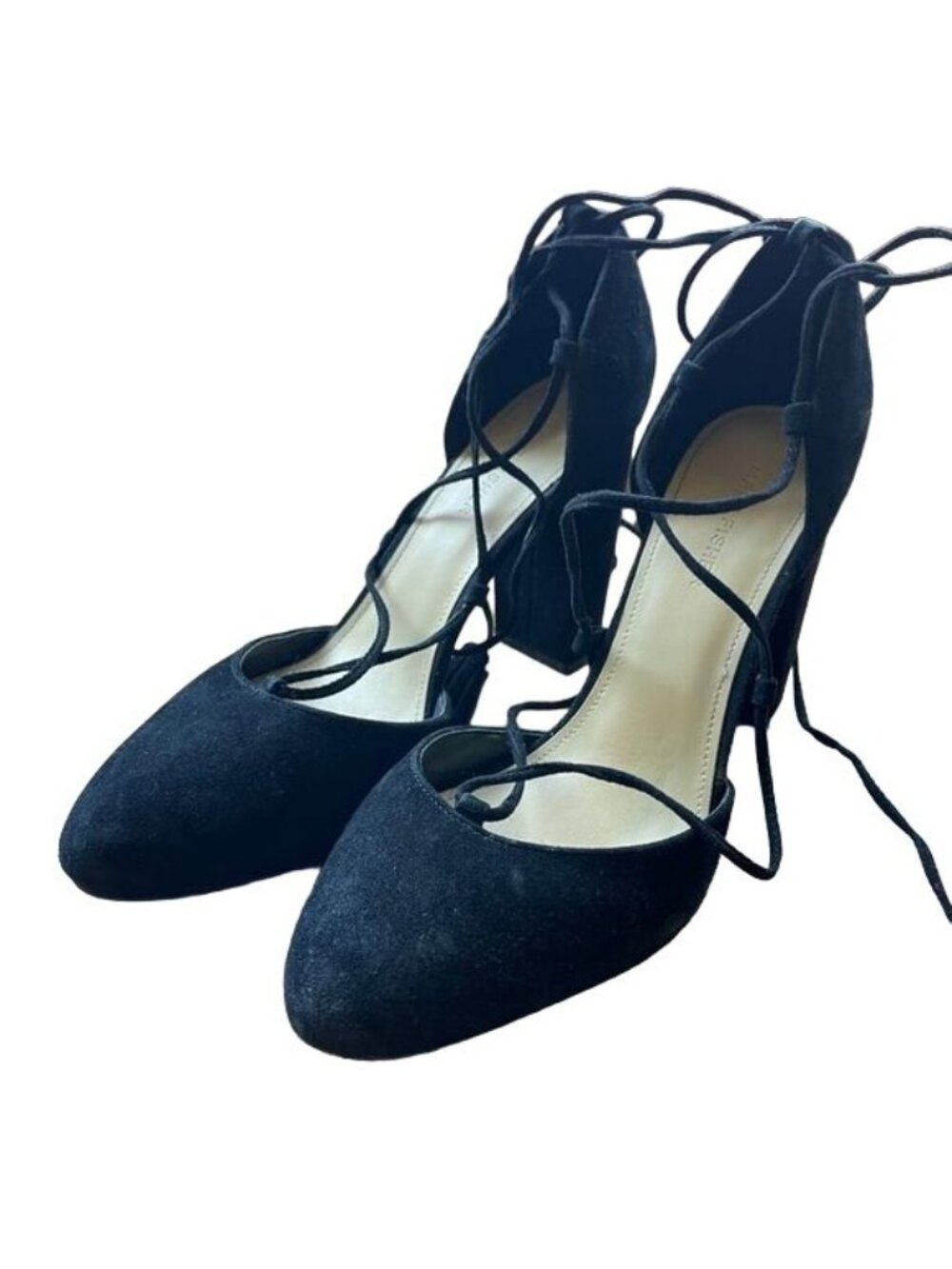 Marc Fisher Pumps Sirita Black Suede Leather Lace Up Tassels 4 in Heels Sz 9.5M